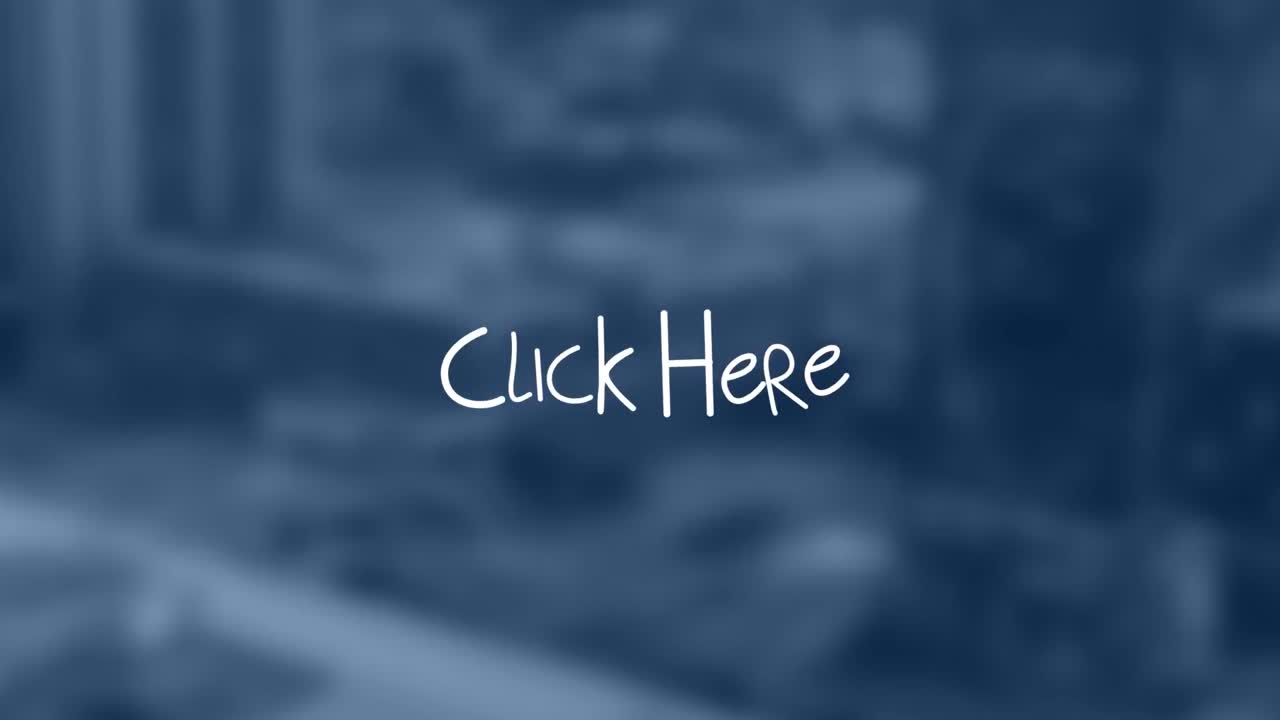 animación de clic aquí texto con flechas sobre fuera de foco cityscape