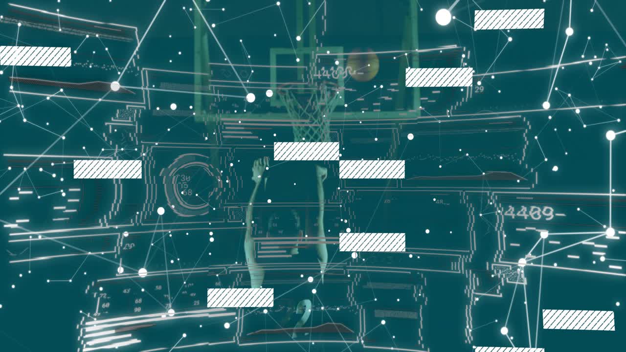 Athlete cradling ball beneath rim, activating sports data overlay during dunking enabling analysis