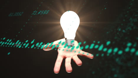 Animation of hand with light bulb and data processing over dark background