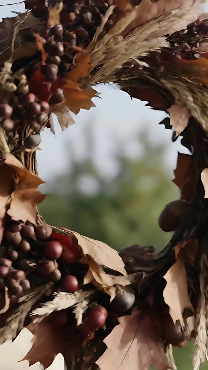 Video verticale: Mano che solleva e ruota una ghirlanda autunnale, rivelando foglie di quercia e ghiande al parco.