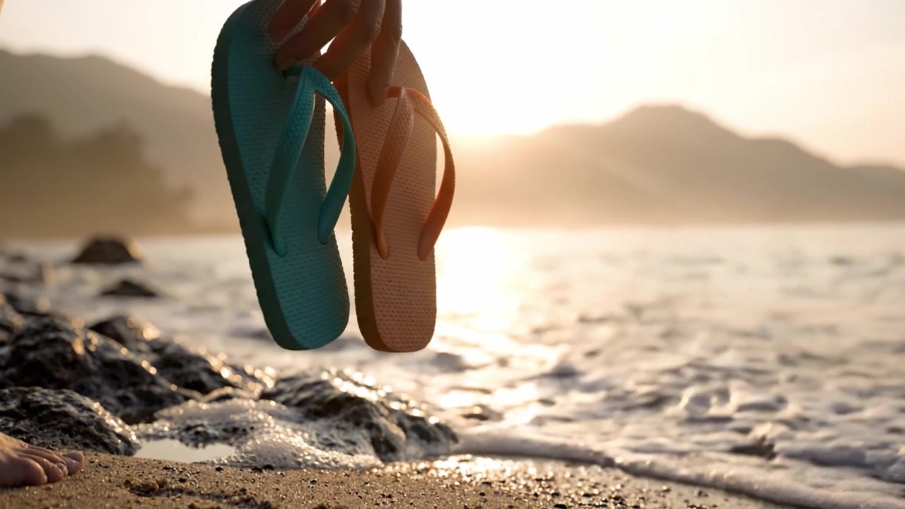 Due infradito colorate appese sulla sabbia in riva al mare al tramonto - Una scena di spiaggia serena che cattura l'essenza del relax e delle vibrazioni estive.