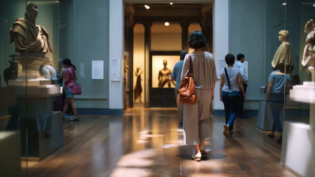 Una luce soffusa brilla sui pavimenti in legno lucidato. Una donna cammina con calma attraverso la galleria, gli occhi che esaminano l'arte. Altri visitatori si muovono silenziosamente, assorbiti dalle esposizioni intorno a loro.