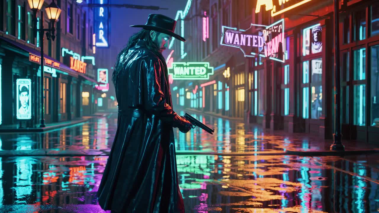 A Cowboy Detective in a Neon Cyberpunk City at Night
