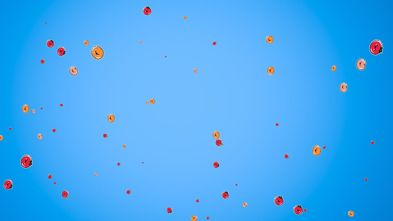 파란색 배경 위에 떠다니는 과일의 애니메이션