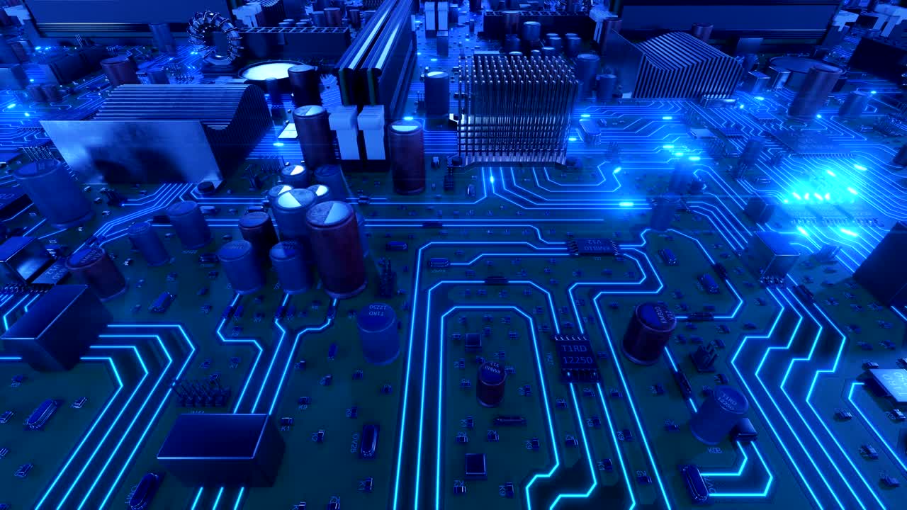 volando sobre la placa base con señales azules. animación en bucle 3d de la placa de circuitos con llamaradas. tecnología y concepto digital.