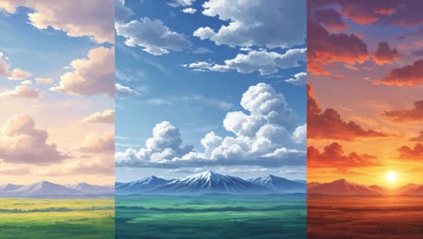 a stunning transformation of a scenic landscape through daylight variations, showcasing expansive skies and majestic mountains from dawn to dusk