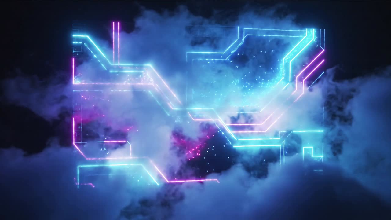 Shifting rolling smoke revealing neon circuit panel in dark void, glowing particle core for reveal