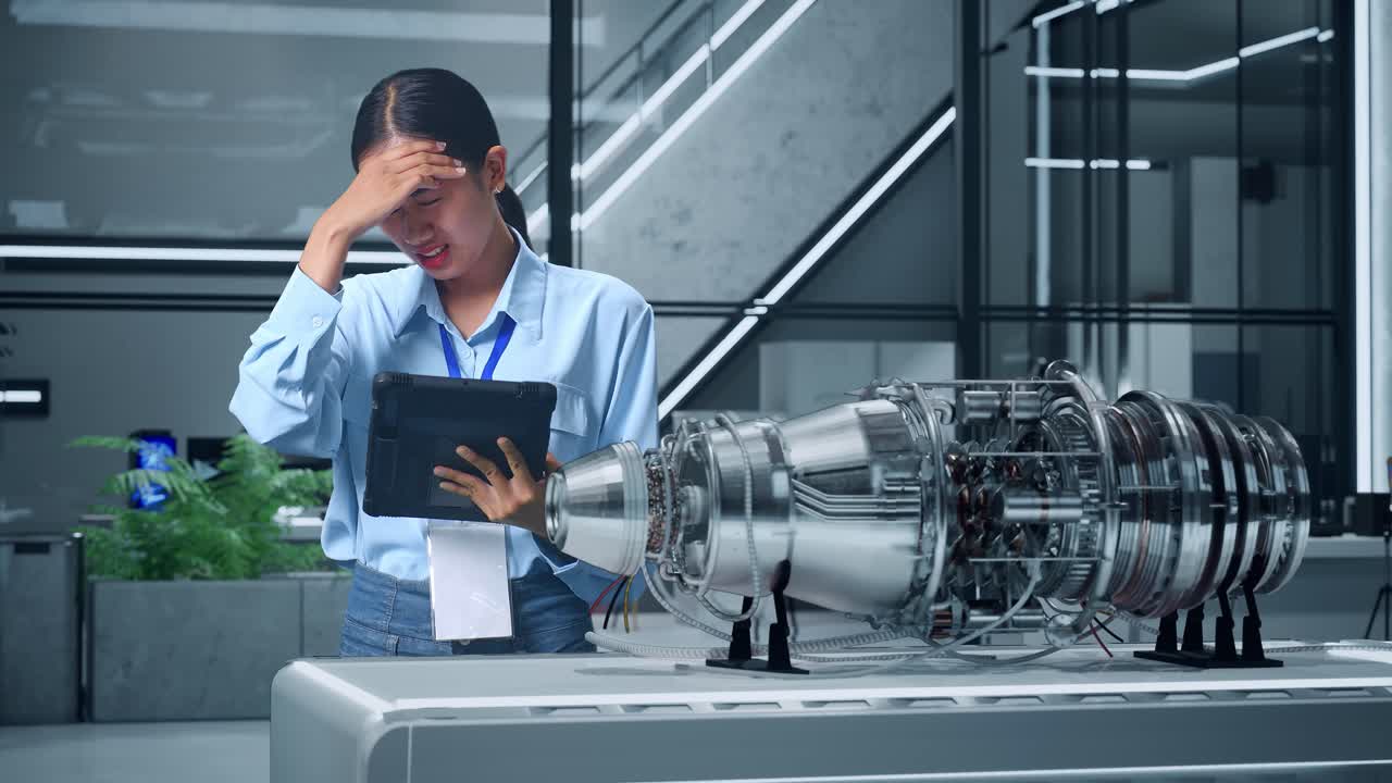 여성 엔지니어가 제트 엔진 모델로 스트레스를 받았습니다.