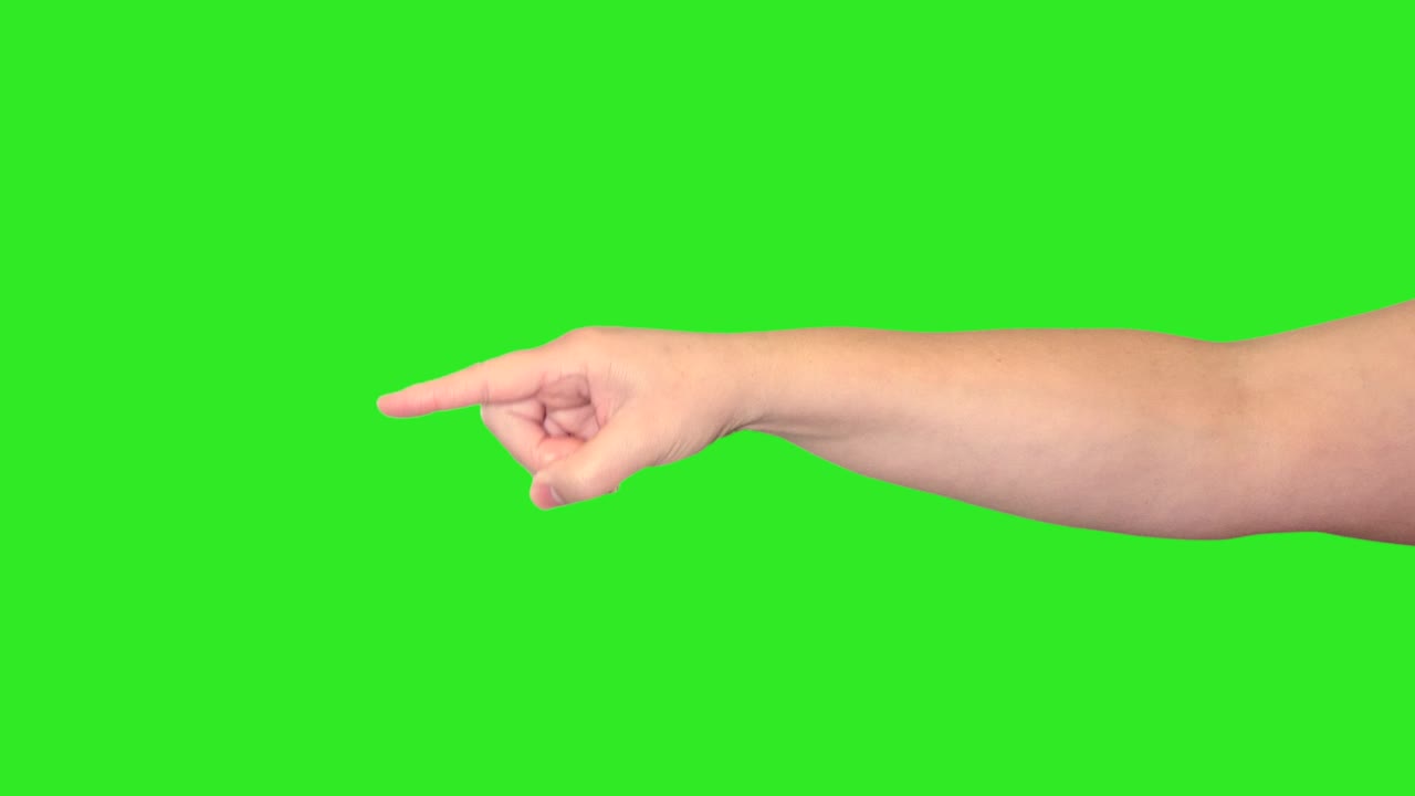 녹색 화면 앞에 있는 여성 손의 손 표시.