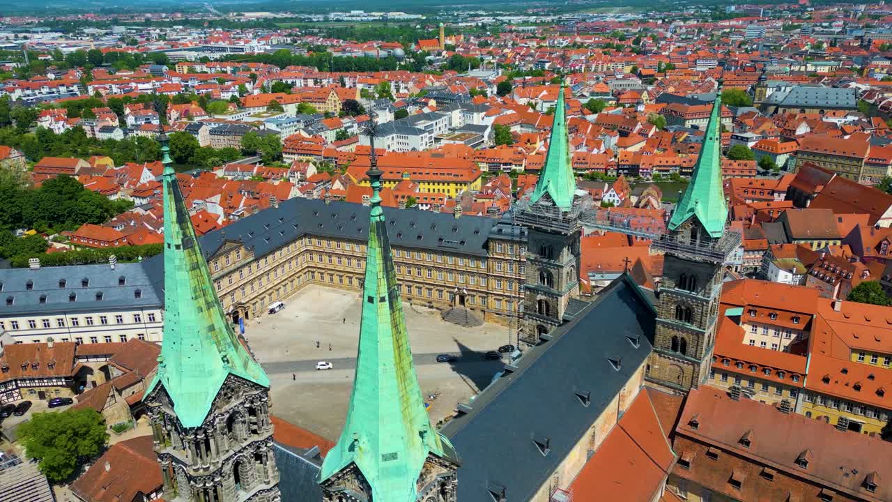 4K Aerial Drone Video of the Beautiful Copper Spires on the Bell Towers of the Bamberg Cathedral in the Old Town area of Bamberg, Germany