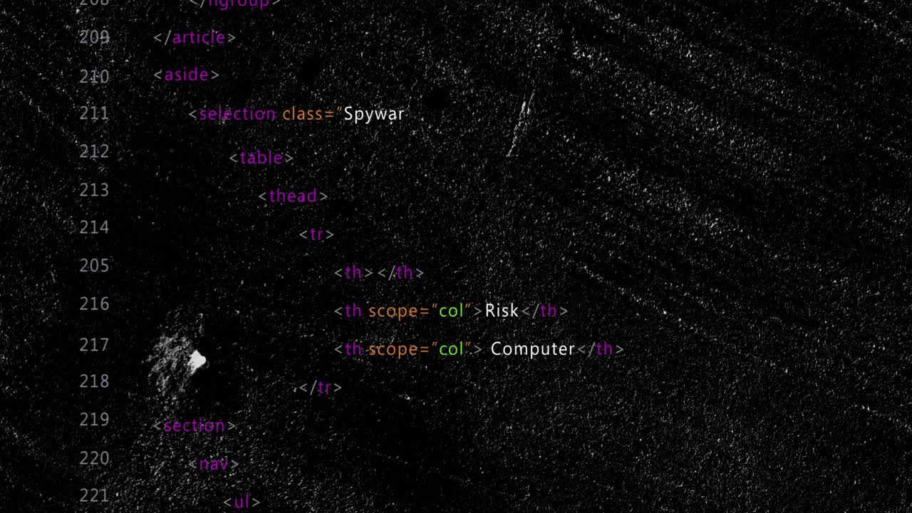 HTML code snippet building table-header fixing headings and adding Spyware nav links for final menu