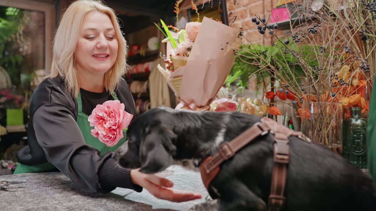 Una fiorista dà da mangiare al simpatico cane del negozio sul bancone, un momento giocoso tra bouquet e carta da regalo. Una donna sorridente con un grembiule verde offre un bocconcino mentre il cane annusa e appoggia la zampa sul bancone.