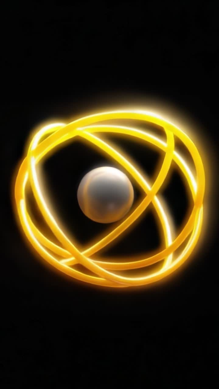 A Brilliant Representation of Atomic Structure Featuring an Electron Orbiting a Central Nucleus Encircled by Golden Paths Against a Dark Background
