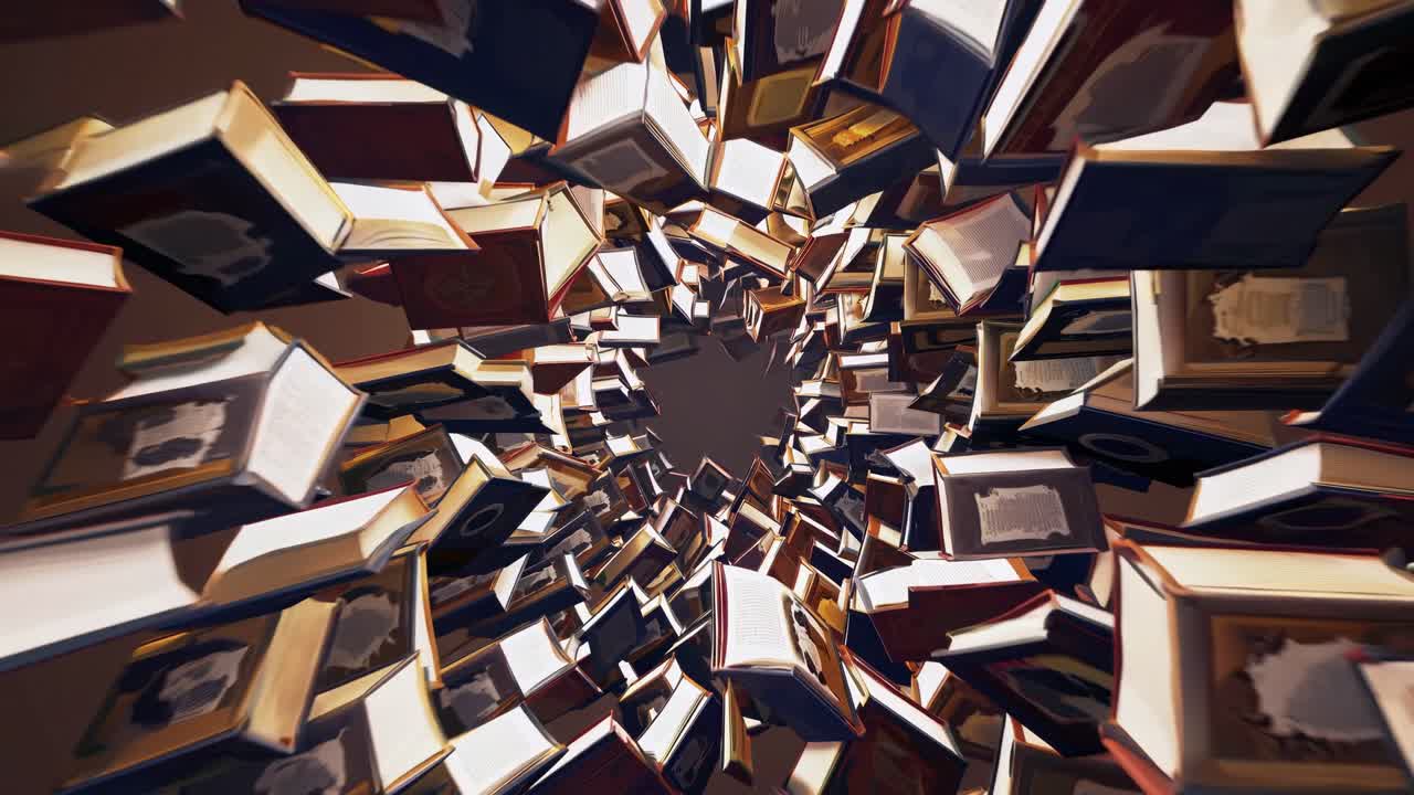 Engaging visual sequence of books spiraling in a vortex, illustrating the dynamic movement and energy of literature, creating an immersive experience of swirling pages