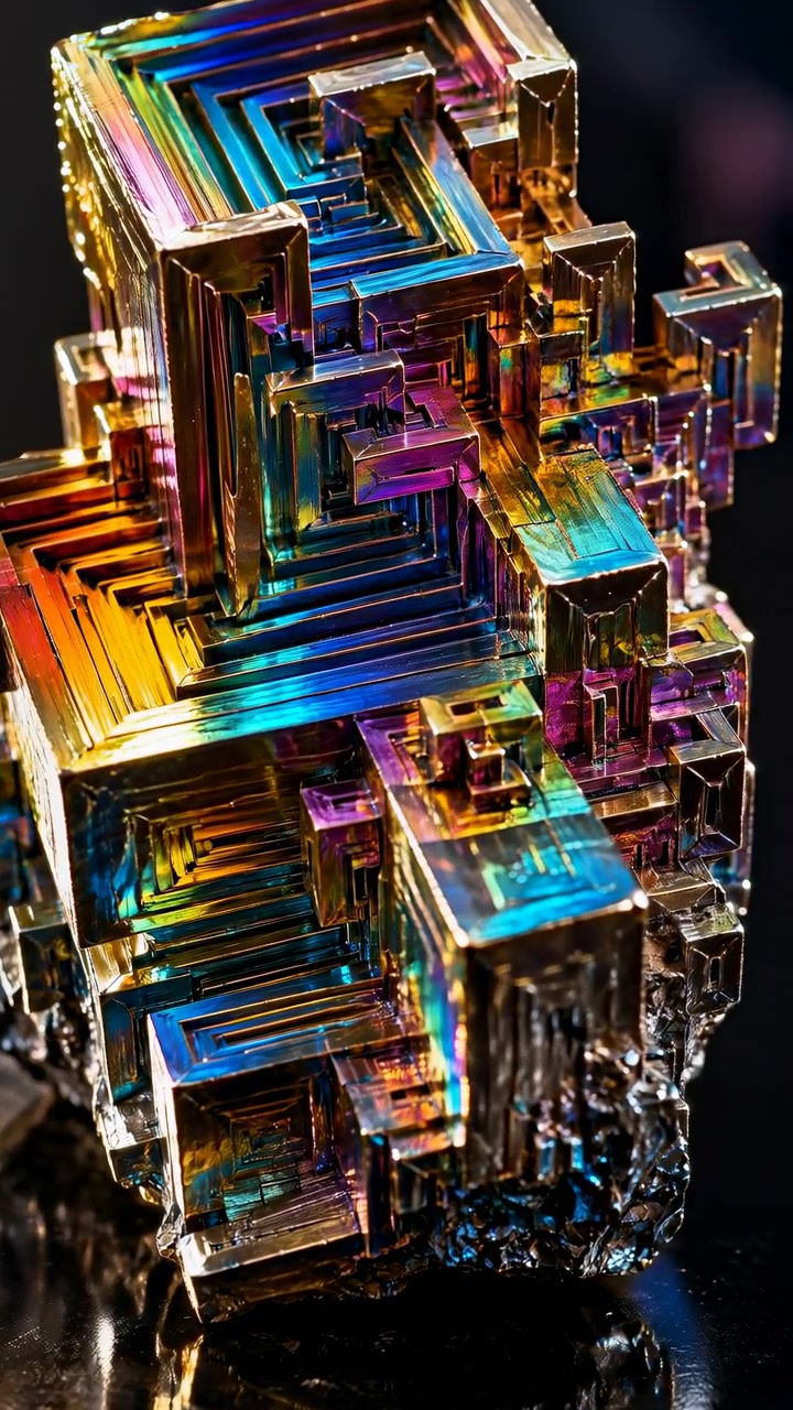 Un avvicinamento lento porta una complessa struttura angolare in una visuale più ravvicinata, mentre colori metallici iridescenti si spostano su terrazze sovrapposte e riflessi specchiati brillano su una superficie nera riflettente