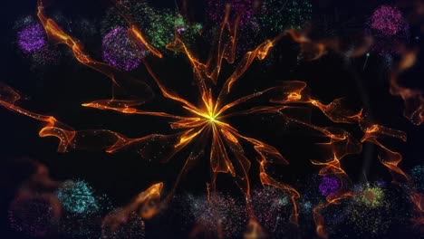animación de una bola de energía naranja y fuegos artificiales de colores, sobre fondo negro