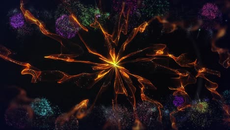 animation of orange energy ball and colourful fireworks, on black background