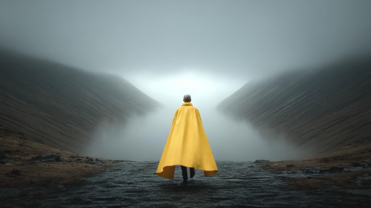 A solitary figure in a vibrant yellow cloak stands at the edge of a foggy valley, surrounded by towering hills, embracing the serenity and mystery of nature's beauty
