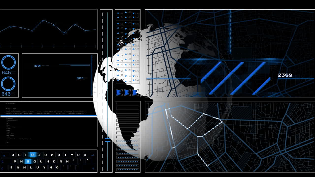 Animation of interface with data processing over spinning globe against black background