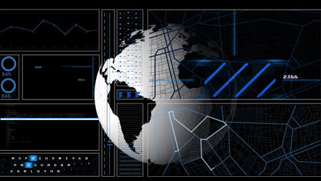 animation of interface with data processing over spinning globe against black background