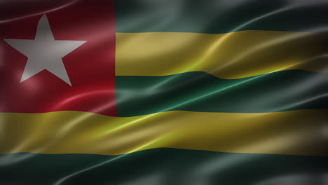 the flag of togolese republic, full frame, front view, glossy, fluttering, elegant silky texture, waving in the wind, realistic 4k cg animation, sleek, movie-like look, seamless loop-able