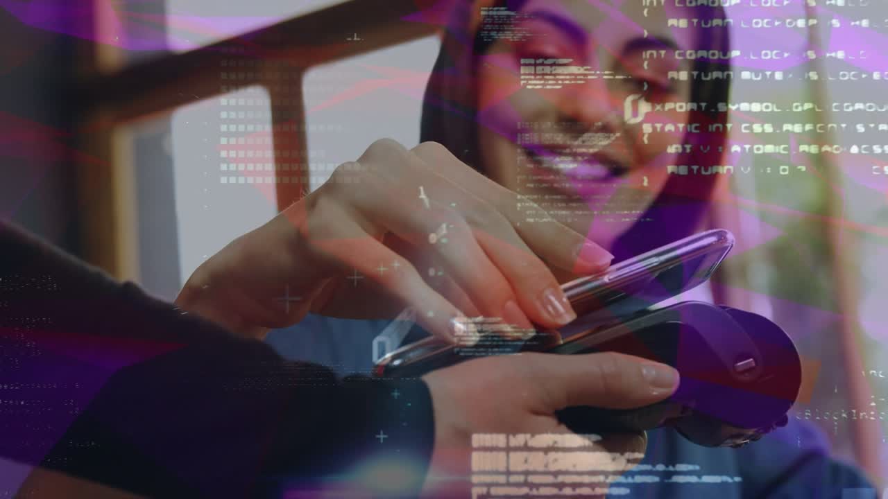 Animation of data processing over happy caucasian woman using smartphone for contactless payments