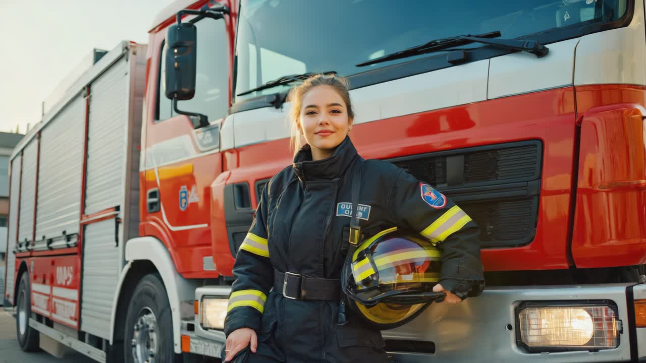 Female Firefighter with Fire Truck