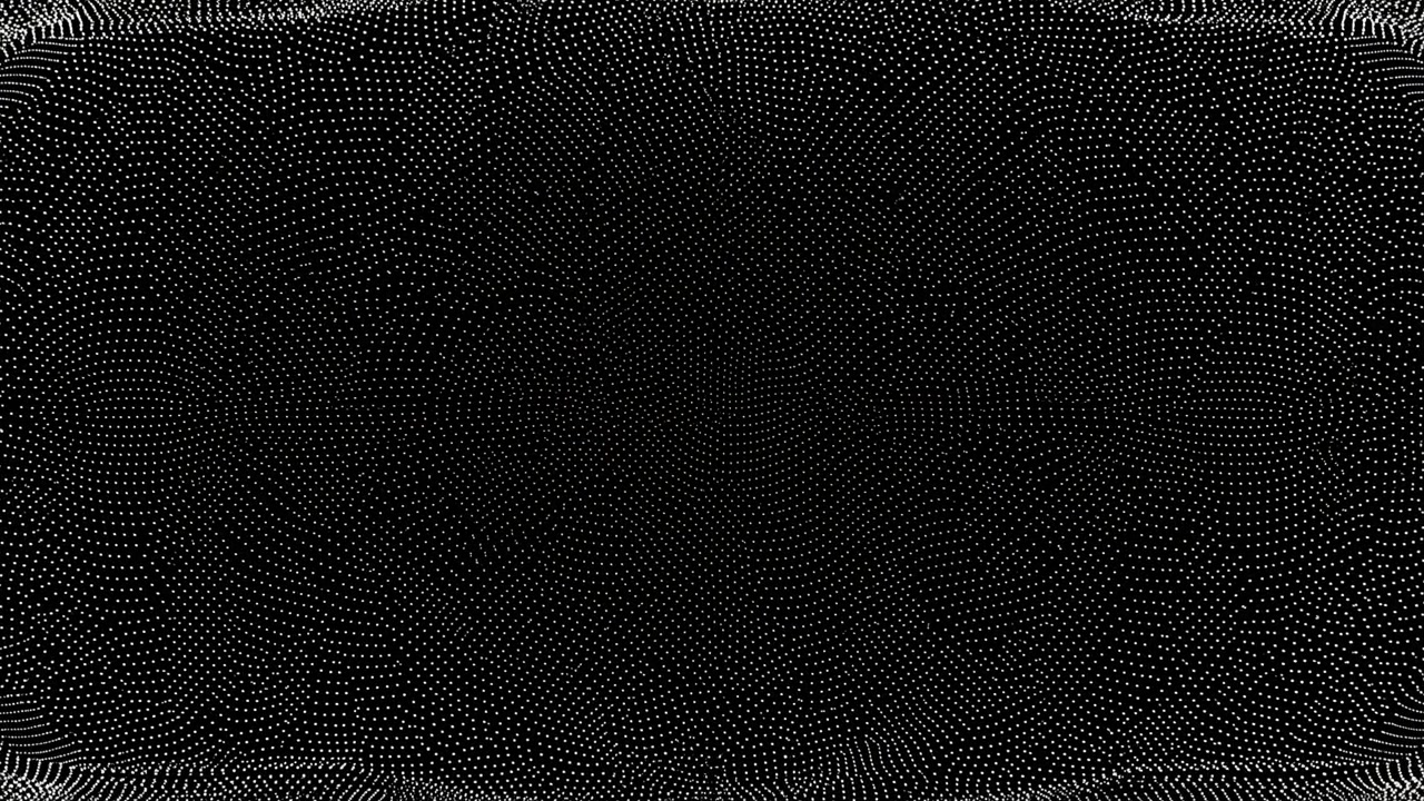 Monochromatická mřížka částic tvořící vlnící se vlnu, tisíce bílých bodů uspořádaných do sítě v digitálním tunelu.