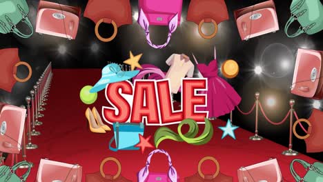 animación de texto de venta e iconos de ropa sobre la alfombra roja