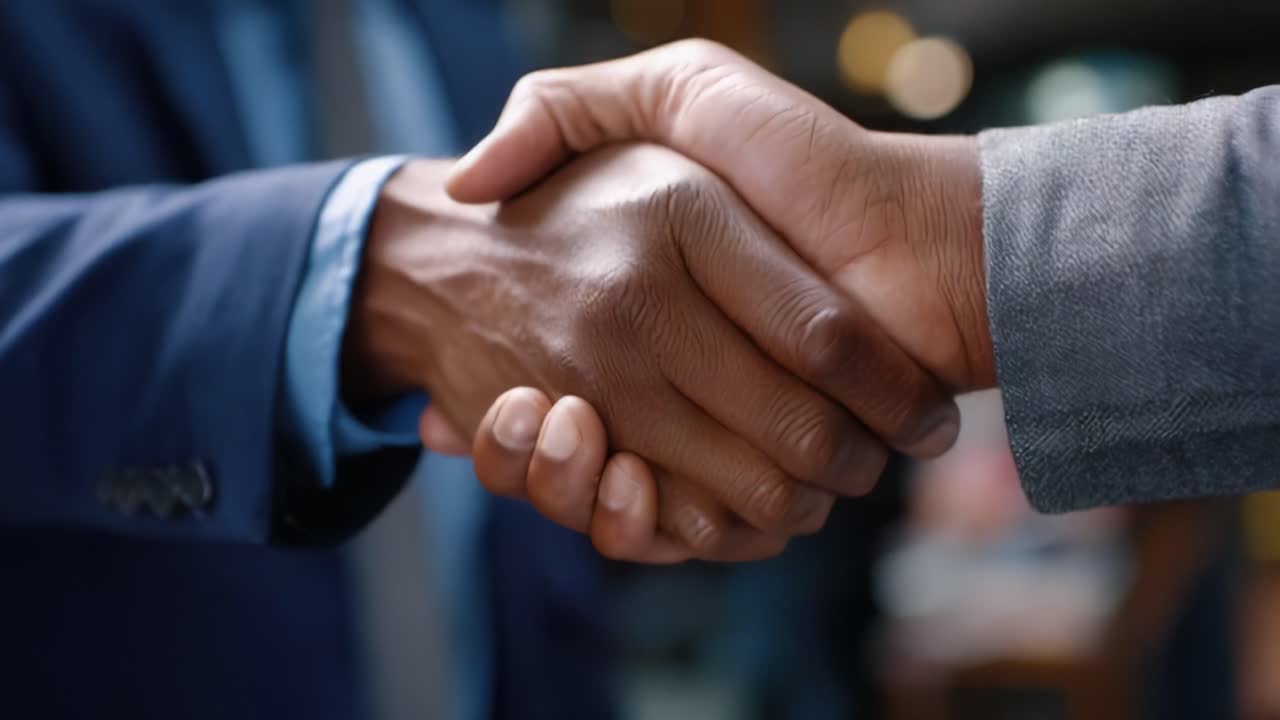 A professional handshake between two individuals symbolizes the beginning of a partnership, showcasing trust, collaboration, and mutual respect in business relationships
