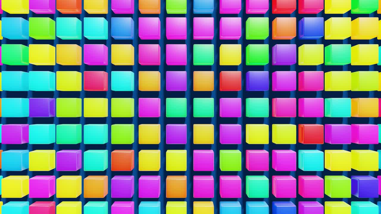 3d abstract simple geometric background with multicolor cubes in 4k. Smooth looped animation. Random cubes flash with neon light on plane. Creative simple motion design background with 3d objects
