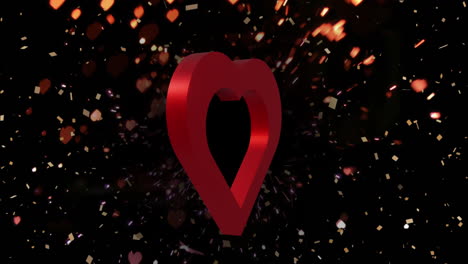 animación de corazón rojo sobre manchas de luz y confeti sobre fondo negro.