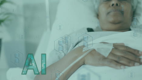 ai and dna strand animation over patient resting in hospital bed