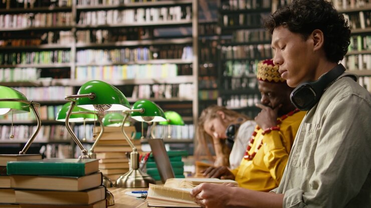 Asian student with headphones reading at library table behind stacked books