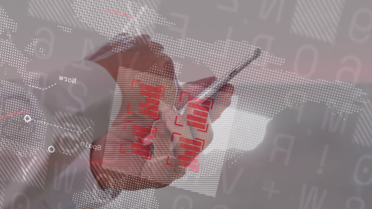 Hand holding smartphone with digital data and red text overlay animation