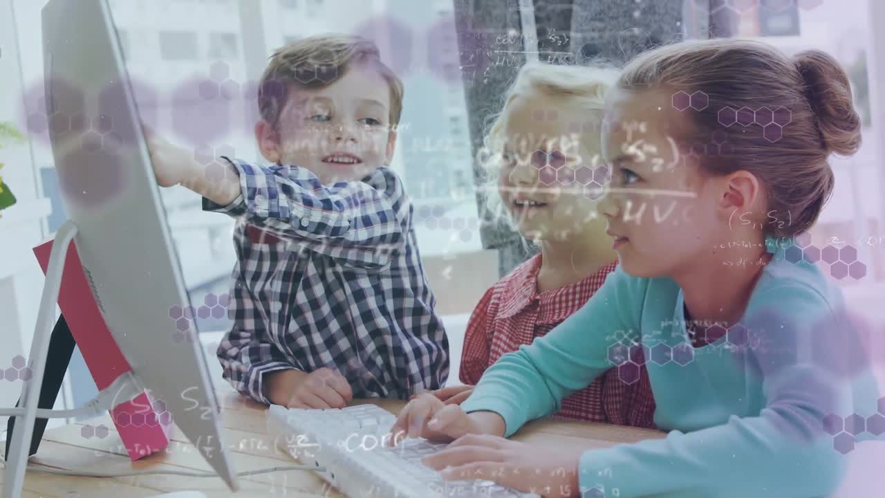 Mathematical equations over young people using laptop.