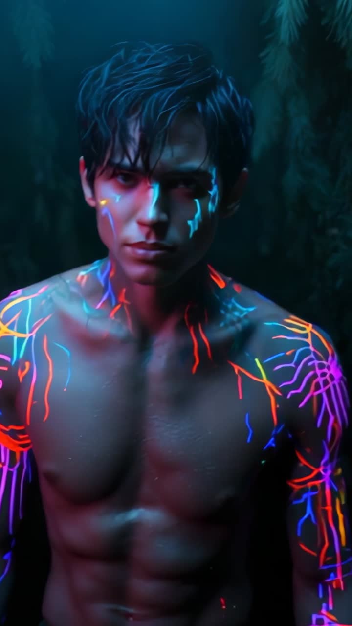Vertical video: Stepping into frame shirtless man revealing pulsing neon body paint in dark forest