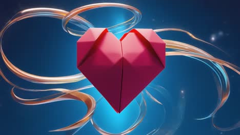 a captivating display highlights the art of origami with a beautifully crafted heart using vibrant pink paper. this intricate design showcases the precision and skill involved in folding paper into elegant shapes. the heart rests against a dynamic background featuring swirling golden ribbons, enhanc