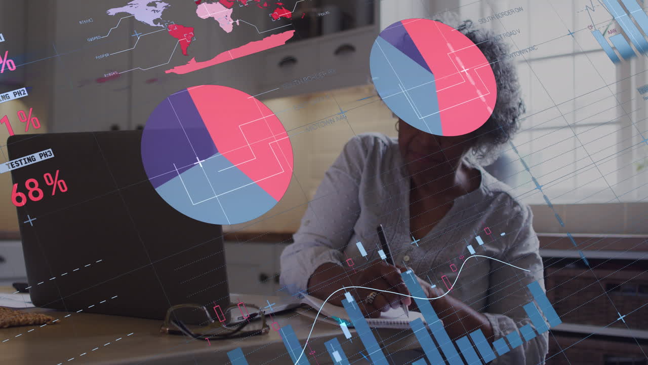 Animation of statistics and data processing over senior african american woman