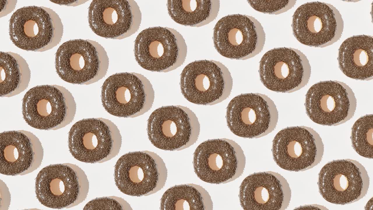 가까이에서 위쪽에서 볼 때 맛있는 초콜릿 도 패턴이 회전합니다.