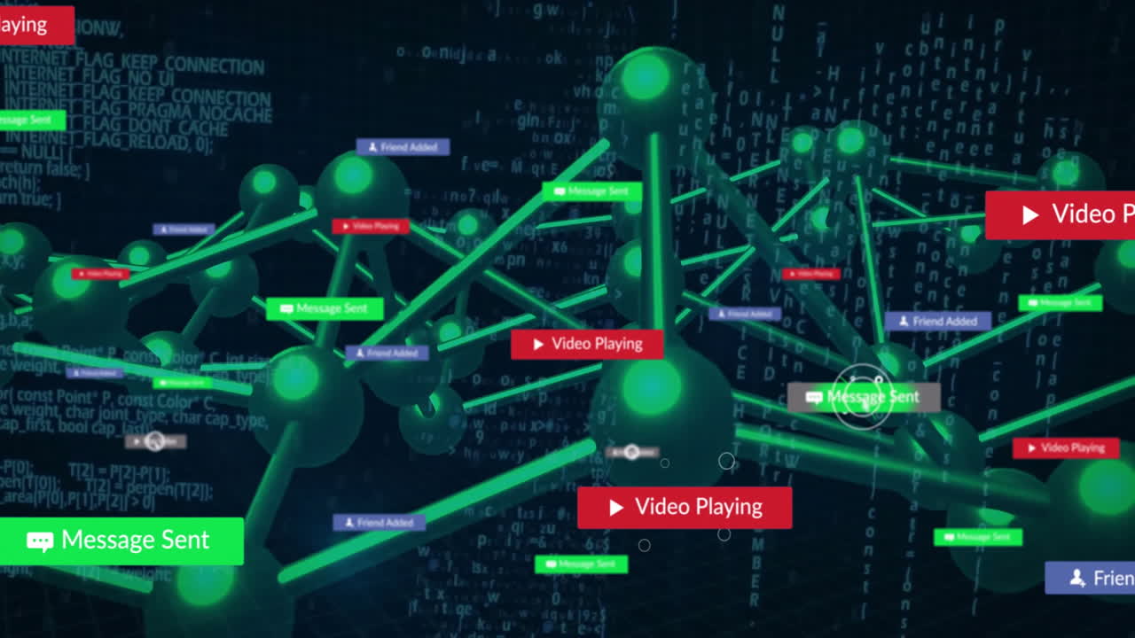 Animation of icons and digital data processing over network of connections