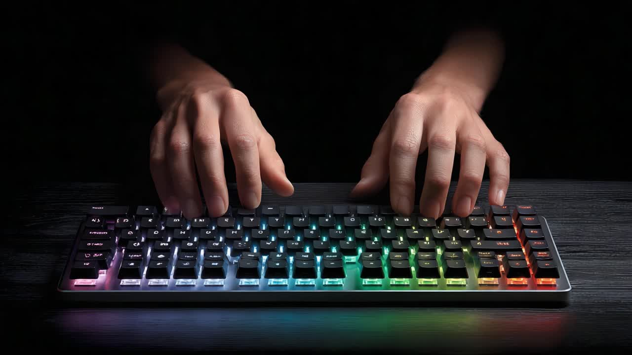 A Close-Up View of a Gamer's Hands Typing on a Colorful RGB Mechanical Keyboard Set Against a Dark Background, Perfect for Illustrating Gaming and Productivity Themes
