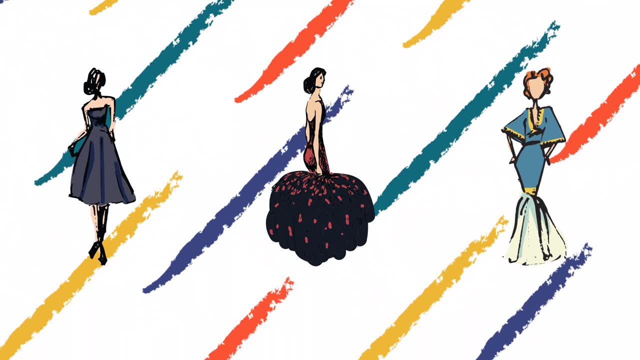 Animation of fashion drawings of women's outfits over colourful lines on white background