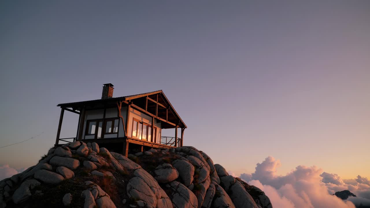 Baita in cima alla montagna all'alba/al tramonto