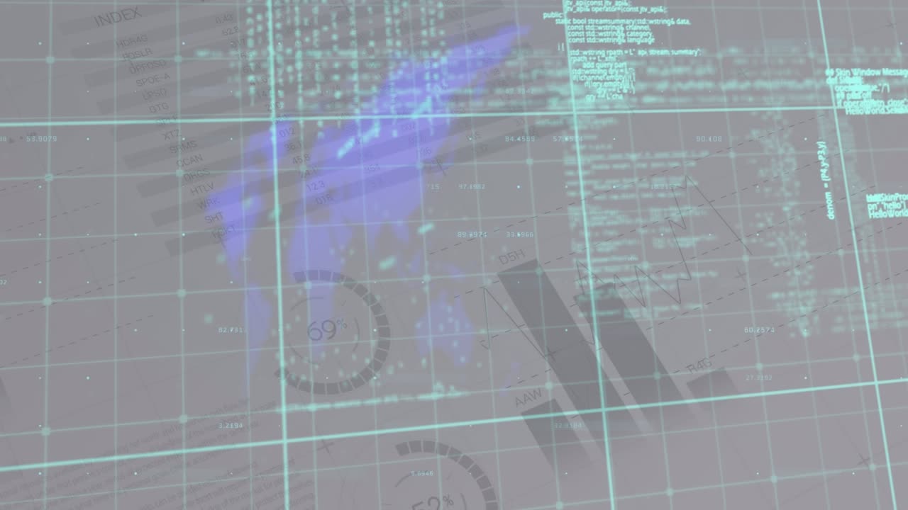 Animation of graphs and financial data over data processing and drawings on grey background