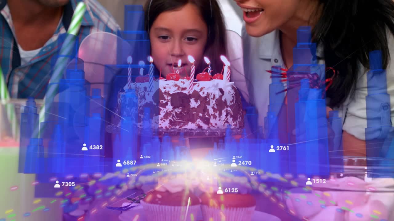 Child girl inhaling blowing candles at party while mom dad cheering, stream overlay showing counts