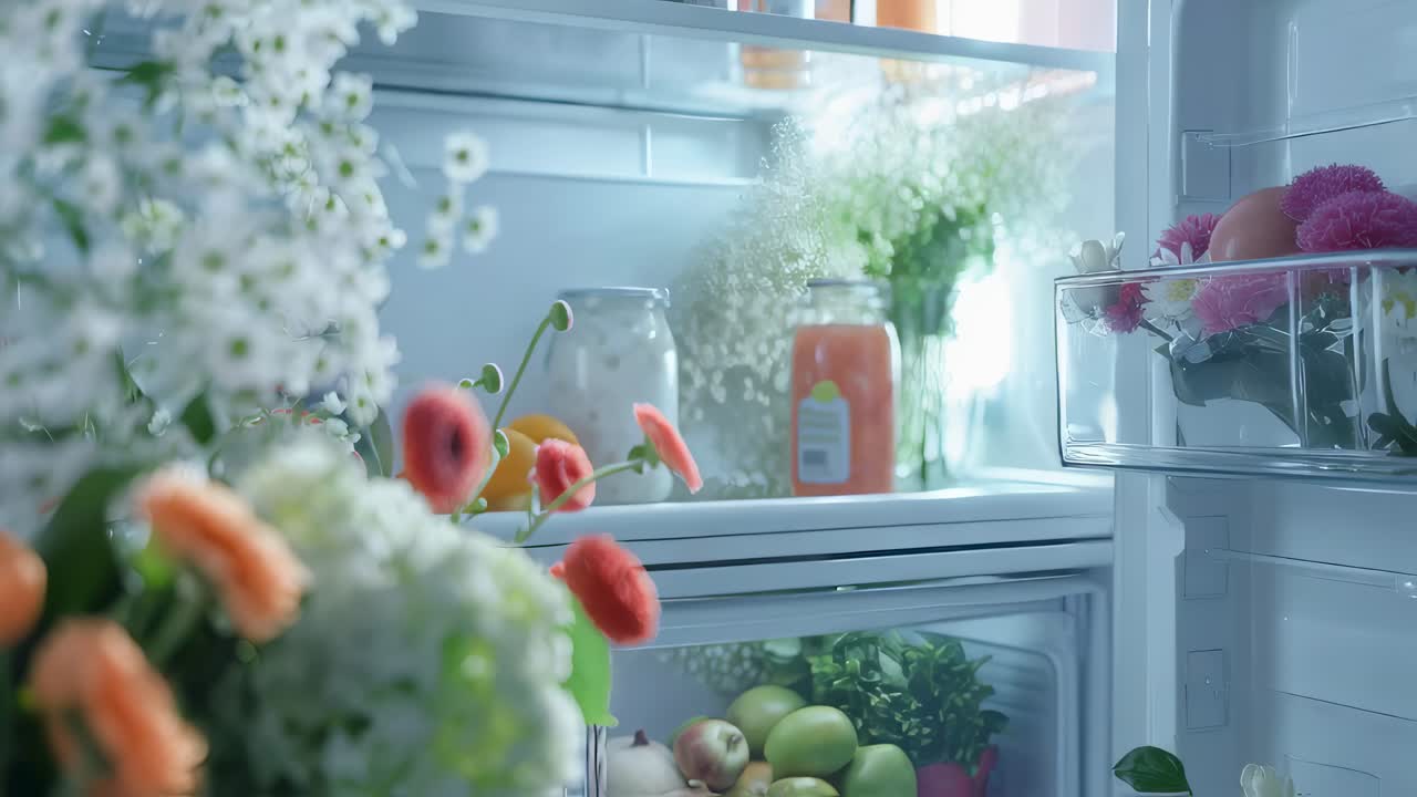 Stylishly Organized Refrigerator with Flowers and Fresh Produce