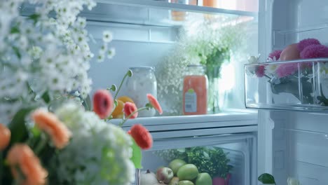 stylishly organized refrigerator with flowers and fresh produce