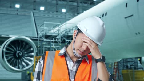 primer plano de un ingeniero masculino asiático con casco de seguridad que tiene dolor de cabeza mientras está de pie con un avión en el hangar