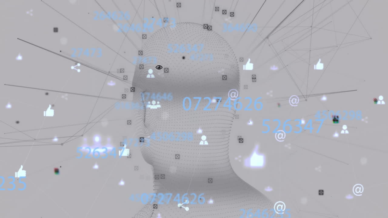 animación de iconos de redes sociales con procesamiento de datos sobre modelo humano digital en fondo blanco